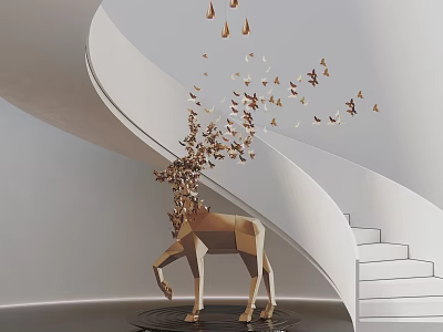 Modern Geometric Deer Sculpture Metal Carving With Spiral Staircase And Flying Butterfly Decorations 3d model