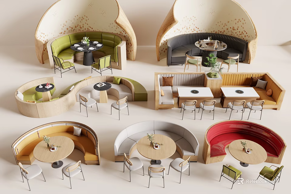 Casual Sofa Set With Curved Design Multiple Colors Matching Tables Chairs For Leisure Dining Area 3d model 