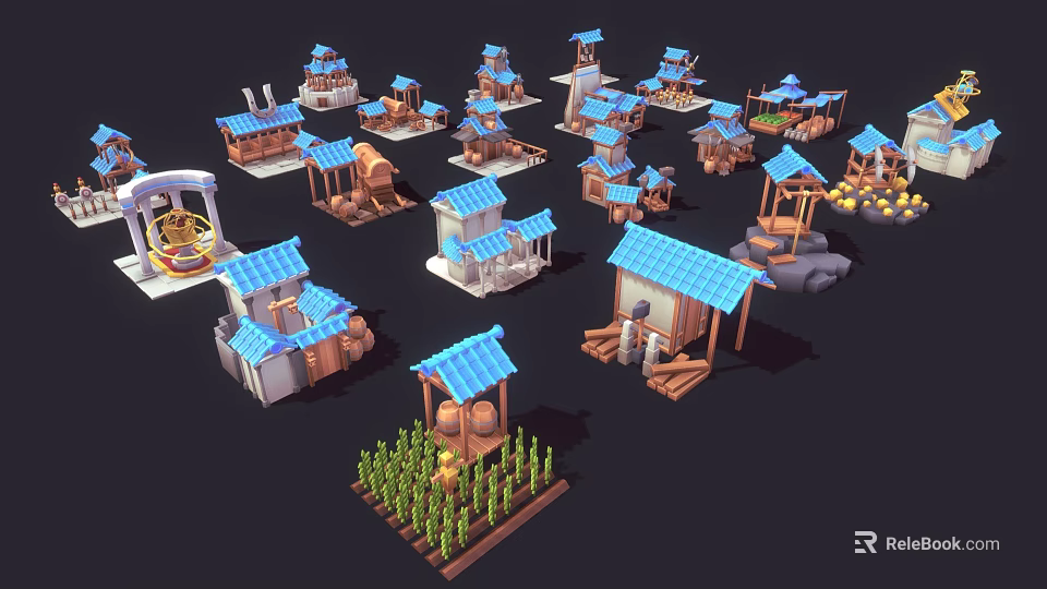 Various Small Traditional Building Models With Blue Roofs Wooden Structures And Windmills 3d model 