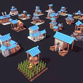 Various Small Traditional Building Models With Blue Roofs Wooden Structures And Windmills
