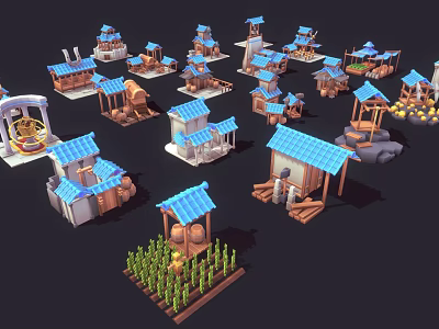 Various Small Traditional Building Models With Blue Roofs Wooden Structures And Windmills 3d model