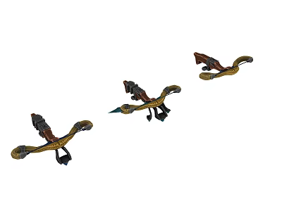 Three Traditional Decorative Weapons With Brown Gold Accents And Feather Details 3d model