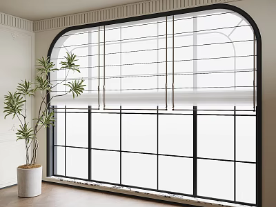 Stylish Black Frame Floor-to-Ceiling Window With Arched Top Roller Blinds And Potted Plant 3d model