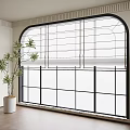 Stylish Black Frame Floor-to-Ceiling Window With Arched Top Roller Blinds And Potted Plant