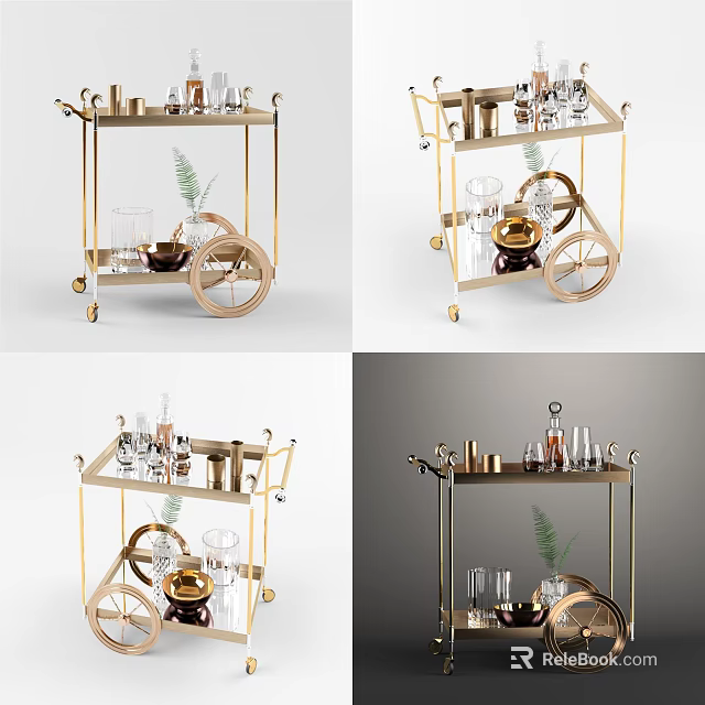 Commercial Serving Cart Business Equipment with Metal Frame Wheels Glassware and Decorative Plants 3d model 