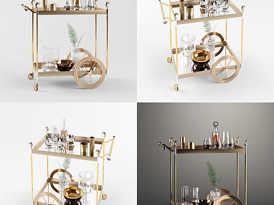 Commercial Serving Cart Business Equipment with Metal Frame Wheels Glassware and Decorative Plants 3d model