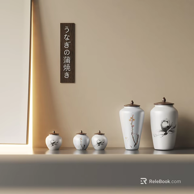 White Ceramic Decorative Ornament Set Including Small And Large Jars With Plum Blossom Bird Patterns 3d model 