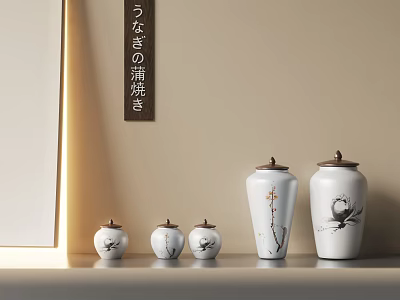 White Ceramic Decorative Ornament Set Including Small And Large Jars With Plum Blossom Bird Patterns 3d model
