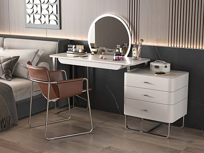 Modern Dressing Table With Round Mirror Chair And Cosmetics On Drawer Cabinet 3d model
