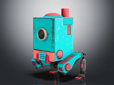 Cartoon Style Blue Red Mechanical Robot Character With Camera Eye And Legs 3d model