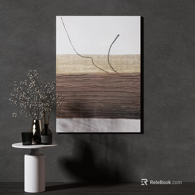 Abstract Striped Wall Art On Gray Wall With White Table And Dried Branches 3d model