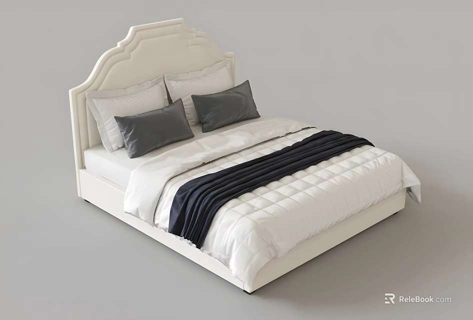 Modern Double Bed With Upholstered Headboard White Bedspread Gray Pillows And Black Striped Blanket 3d model 