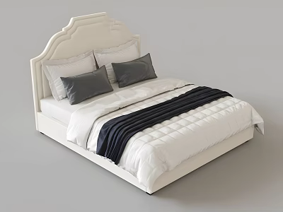 Modern Double Bed With Upholstered Headboard White Bedspread Gray Pillows And Black Striped Blanket 3d model