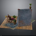 Interior Living Space With Wooden Floor Blue Rug Chair And Decorative Wall Plants