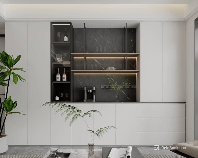 Modern White Decorative Cabinet With Marble Backdrop LED Lighting And Green Plants 3d model 