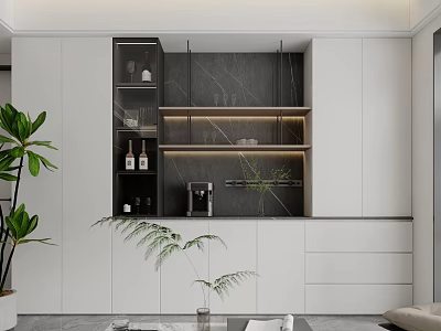 Modern White Decorative Cabinet With Marble Backdrop LED Lighting And Green Plants 3d model