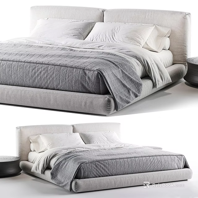 Double Bed with Soft Mattress White Pillows and Gray Duvet in Modern Design 3d model 