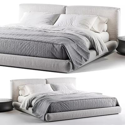 Double Bed with Soft Mattress White Pillows and Gray Duvet in Modern Design 3d model