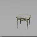 Elegant Square Marble Table With White Legs And Green Gold Decorative Accents