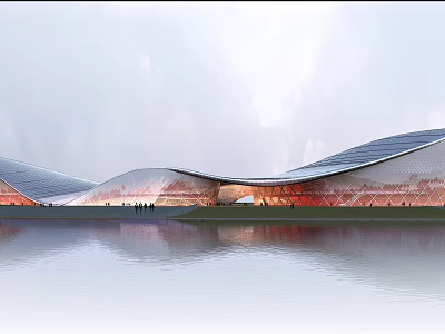 Modern Architectural Structure With Wave Shaped Roof Waterfront Reflection And People Walking 3d model