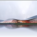 Modern Architectural Structure With Wave Shaped Roof Waterfront Reflection And People Walking