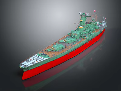 Detailed Battleship Model with Green Hull Red Bottom Deck Turrets and Superstructure 3d model