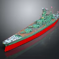 Detailed Battleship Model with Green Hull Red Bottom Deck Turrets and Superstructure 3d model