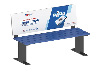 Blue Public Bench With Advertising Panel Digital Payment Icons And POS Machine Design 3d model