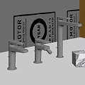 Three Silver Faucets On White Countertop With Dark Gray Yellow Background Marble Cube Red Cup