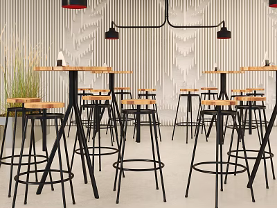 Modern Cafe Interior With Wooden Bar Tables And Black Metal Stools 3d model