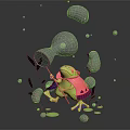 Green Frog Character Holding Net Surrounded by Transparent Bubbles Green Leaves and Water Droplets