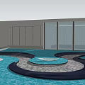 Modern Garden Landscape With Circular Pool Curved Paving And Glass Curtain Wall