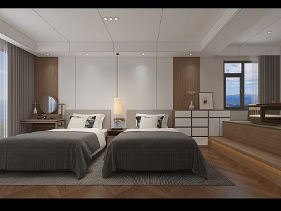 Modern Homestay Guest Room With Twin Beds Wooden Elements And Large Windows 3d model