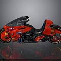 Red Futuristic Motorcycle With Transparent Windshield Black Seat Gold Wheels And Reflective Surface