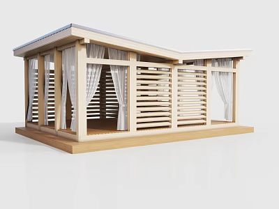 Elegant Wooden Pergola Featuring Louvered Panels White Curtains and Open Platform Design 3d model
