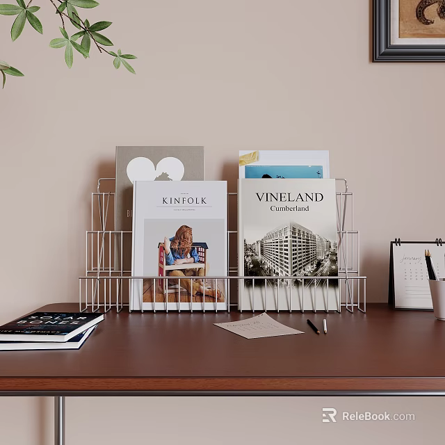 Books And Magazines Organized In Wire Rack On Wooden Desk With Calendar Pens And Papers 3d model 
