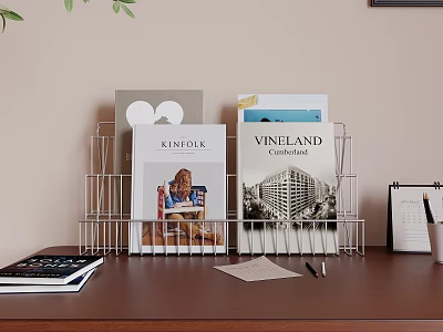 Books And Magazines Organized In Wire Rack On Wooden Desk With Calendar Pens And Papers 3d model