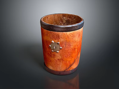 Handcrafted Wooden Cylindrical Storage Container With Metal Decoration Rivets And Dark Borders 3d model