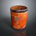 Handcrafted Wooden Cylindrical Storage Container With Metal Decoration Rivets And Dark Borders