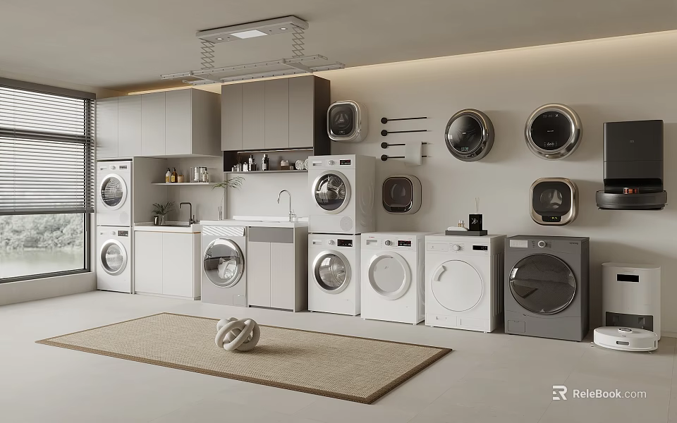 Modern Style Laundry Room Cabinetry With Washing Machines Dryers And Circular Wall Decor 3d model 
