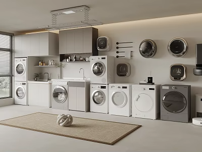 Modern Style Laundry Room Cabinetry With Washing Machines Dryers And Circular Wall Decor 3d model