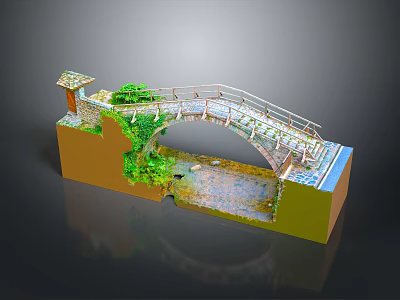 Miniature Stone Arch Bridge Model With Ivy Covered Structure And Stream Pavilion 3d model