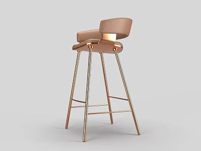 Modern Brown Leather Bar Stool With Backrest And Copper Metal Legs In Minimalist Style 3d model