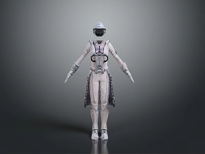 Futuristic White Jumpsuit Costume with Helmet Gloves Boots and Flowing Hem Design 3d model