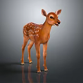 Cute Brown Fawn With White Spots Standing On Reflective Gray Background