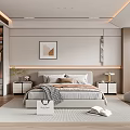 Modern Bedroom Interior With Comfortable Bed Nightstands Table Lamps Wall Art And Soft Rug