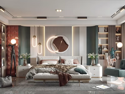 Modern Bedroom Interior Design With Bed Round Decorative Mirror Pendant Lights And Green Plants 3d model