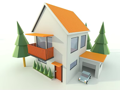 Cartoon Scene of House with Orange Roof White Body Balcony Green Trees and Car 3d model