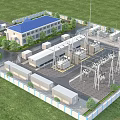 Industrial Equipment In Power Substation With Electrical Facilities And Fenced Outdoor Layout