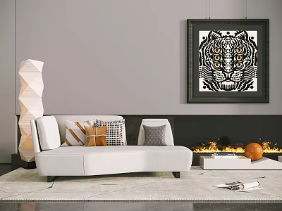 White Multi Person Sofa With Orange Gray Throw Pillows And Modern Tiger Print Wall Art 3d model